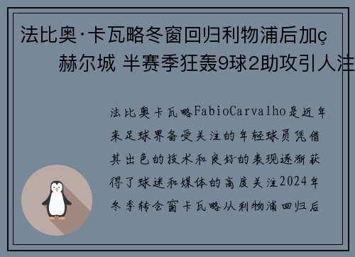 法比奥·卡瓦略冬窗回归利物浦后加盟赫尔城 半赛季狂轰9球2助攻引人注目 法比奥·卡瓦略冬窗回归利物浦后加盟赫尔城 半赛季狂轰9球2助攻引人注目