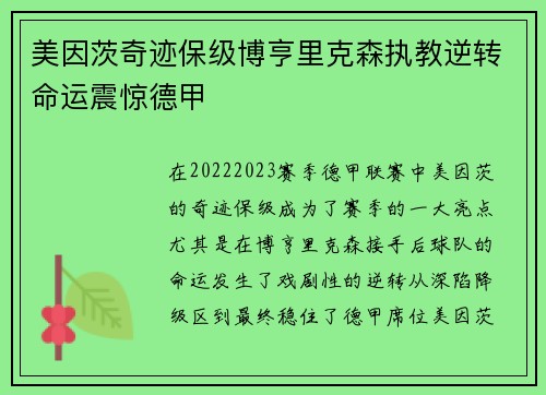 美因茨奇迹保级博亨里克森执教逆转命运震惊德甲 美因茨奇迹保级博亨里克森执教逆转命运震惊德甲