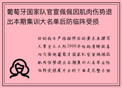 葡萄牙国家队官宣佩佩因肌肉伤势退出本期集训大名单后防临阵受损 葡萄牙国家队官宣佩佩因肌肉伤势退出本期集训大名单后防临阵受损